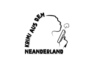 Schwarze Silhouette eines Menschen mit einer Pistole in der Hand, die wie in einem alten Western-Film geblasen wird. Darum herum der Schriftzug Krimi aus dem Neanderland