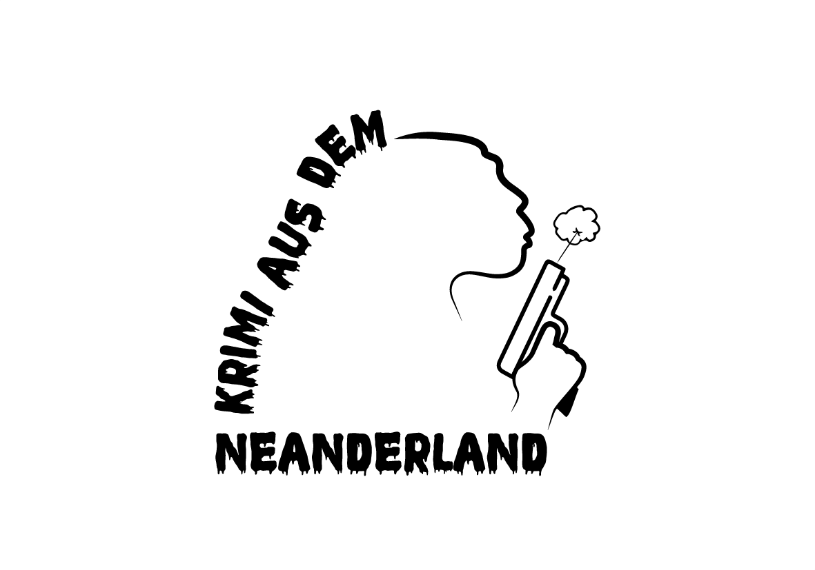Schwarze Silhouette eines Menschen mit einer Pistole in der Hand, die wie in einem alten Western-Film geblasen wird. Darum herum der Schriftzug Krimi aus dem Neanderland