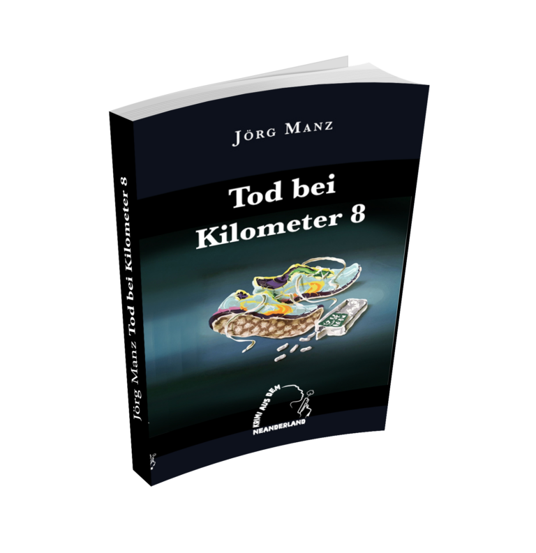 aufrecht stehendes Buch. Schwarzer Untergrund mit gemalten Motiven und dem weißen Schriftzug Tod bei Kilometer 8