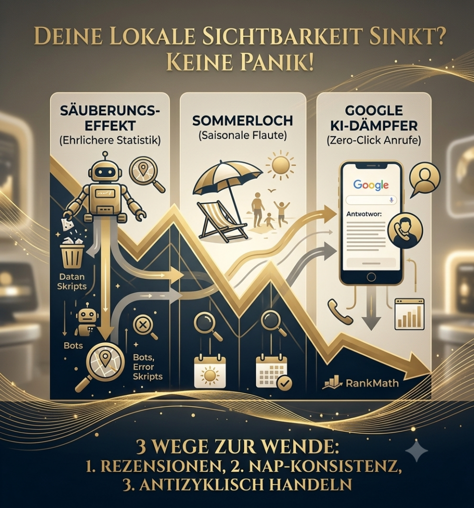 Auf dem Bild sind 3 Blöcke in einem Chaos mit abstürzenden graphen zu sehen, der die sinkende Kurve von statistischem Zugriffen auf die Homepage visualisiert und mit Grafiken die Gründe, warum der Graph sinkt