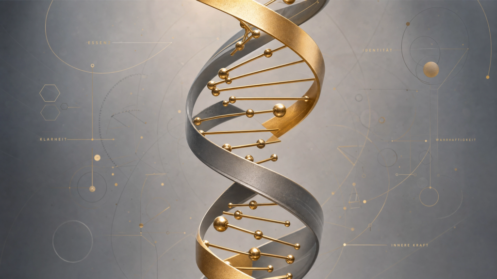 eine goldene Spirale mit Querstangen, eine DNA klettert vor einem grauen Hintergrund hoch und steht optisch für die DNA der Marke