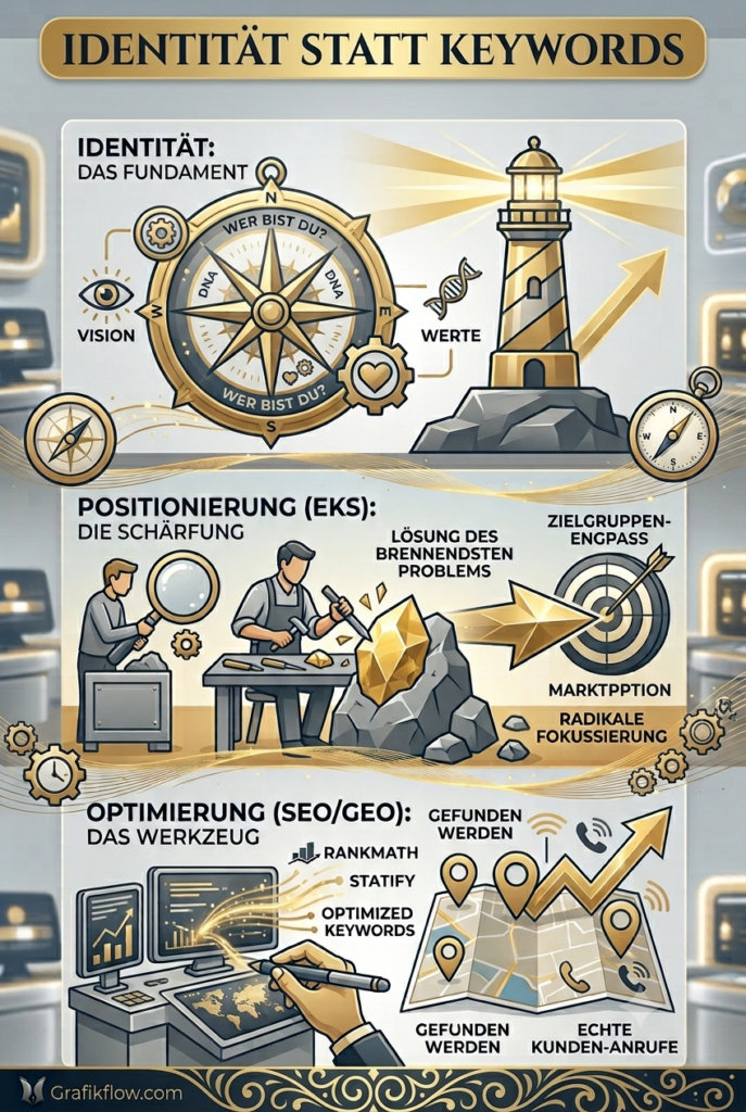 Infografik zur EKS-Strategie: Warum Identität und Positionierung die Basis für erfolgreiches SEO und GEO-Optimierung sind.